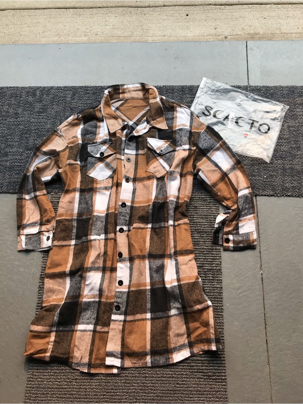 Plaid Button-Down Shacket in Brown and White